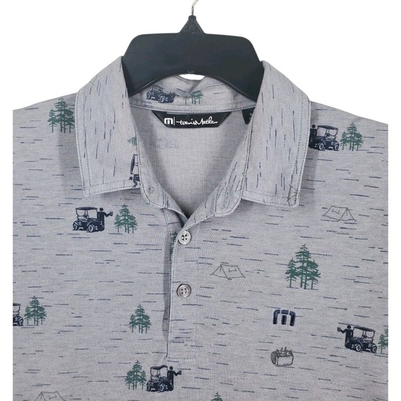 Travis Mathew Outfresh Polo Shirt Mens M Golfcart Beer Tent Pines AOP SS - Picture 7 of 9